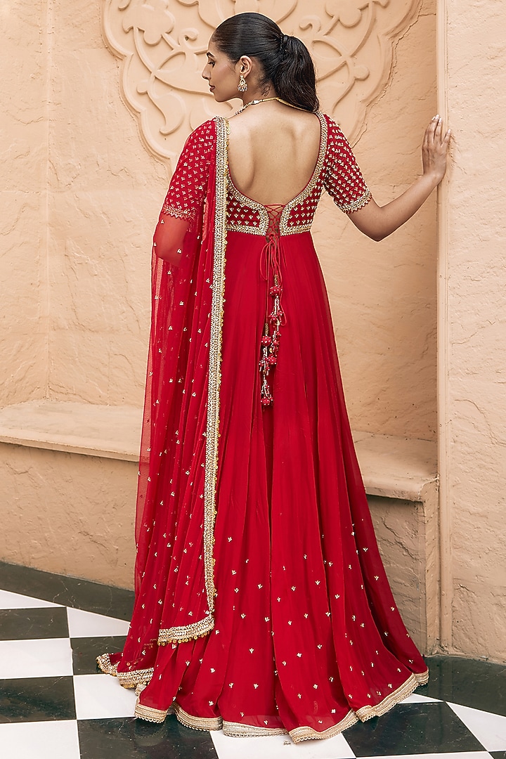 Ruby Red Georgette Mirror Work Wedding Anarkali Set by Nidhika Shekhar at Pernia's Pop Up Shop