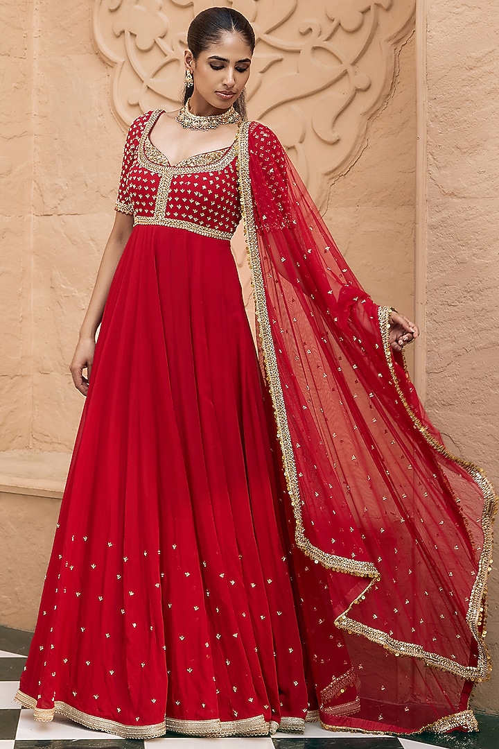 Ruby Red Georgette Mirror Work Wedding Anarkali Set by Nidhika Shekhar at Pernia's Pop Up Shop