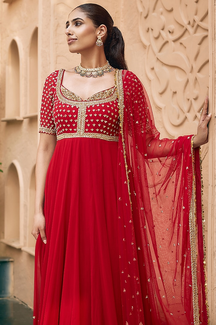 Ruby Red Georgette Mirror Work Wedding Anarkali Set by Nidhika Shekhar at Pernia's Pop Up Shop