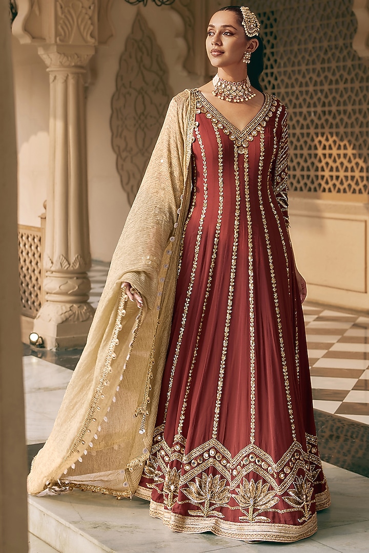 Deep Maroon Crepe Sequins Work Bridal Anarkali Set by Nidhika Shekhar at Pernia's Pop Up Shop