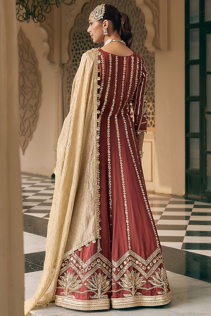 Deep Maroon Crepe Sequins Work Bridal Anarkali Set by Nidhika Shekhar at Pernia's Pop Up Shop