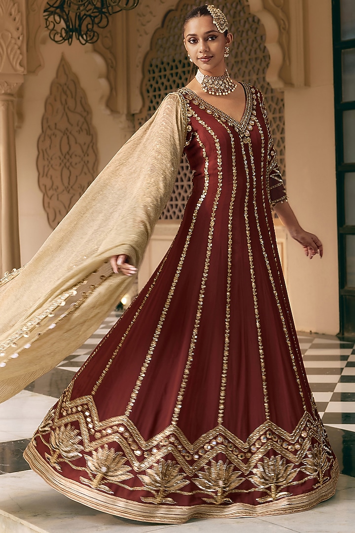 Deep Maroon Crepe Sequins Work Bridal Anarkali Set by Nidhika Shekhar at Pernia's Pop Up Shop
