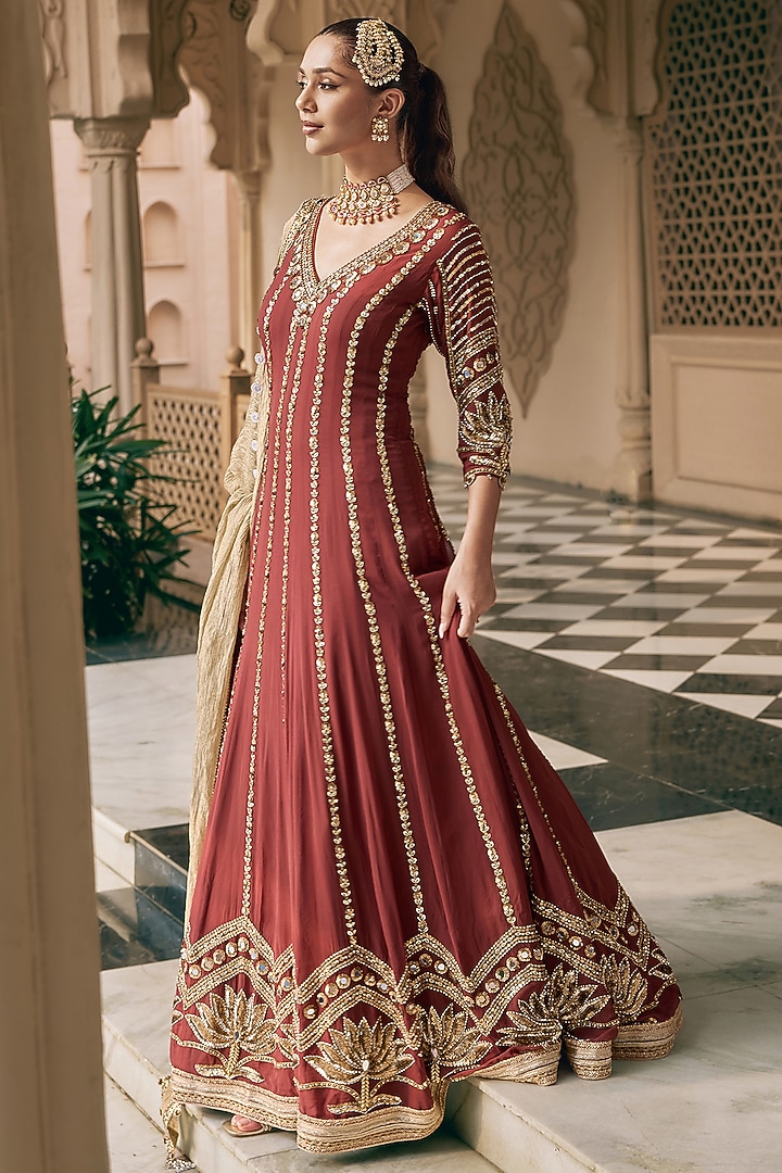 Deep Maroon Crepe Sequins Work Bridal Anarkali Set by Nidhika Shekhar at Pernia's Pop Up Shop