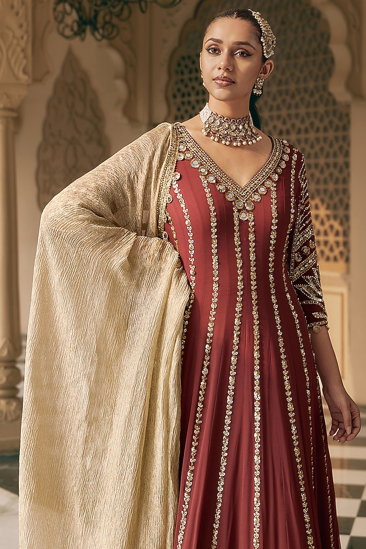 Deep Maroon Crepe Sequins Work Bridal Anarkali Set by Nidhika Shekhar at Pernia's Pop Up Shop
