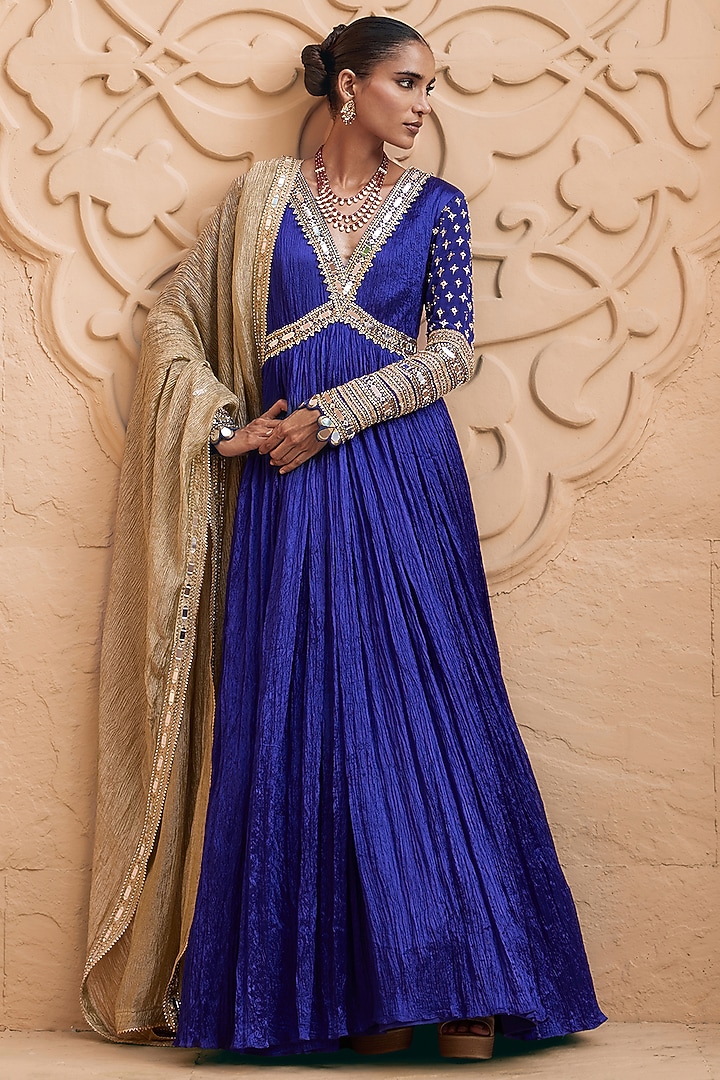Royal Purple Wrinkle & Tissue Mirror Work Wedding Anarkali Set by Nidhika Shekhar at Pernia's Pop Up Shop