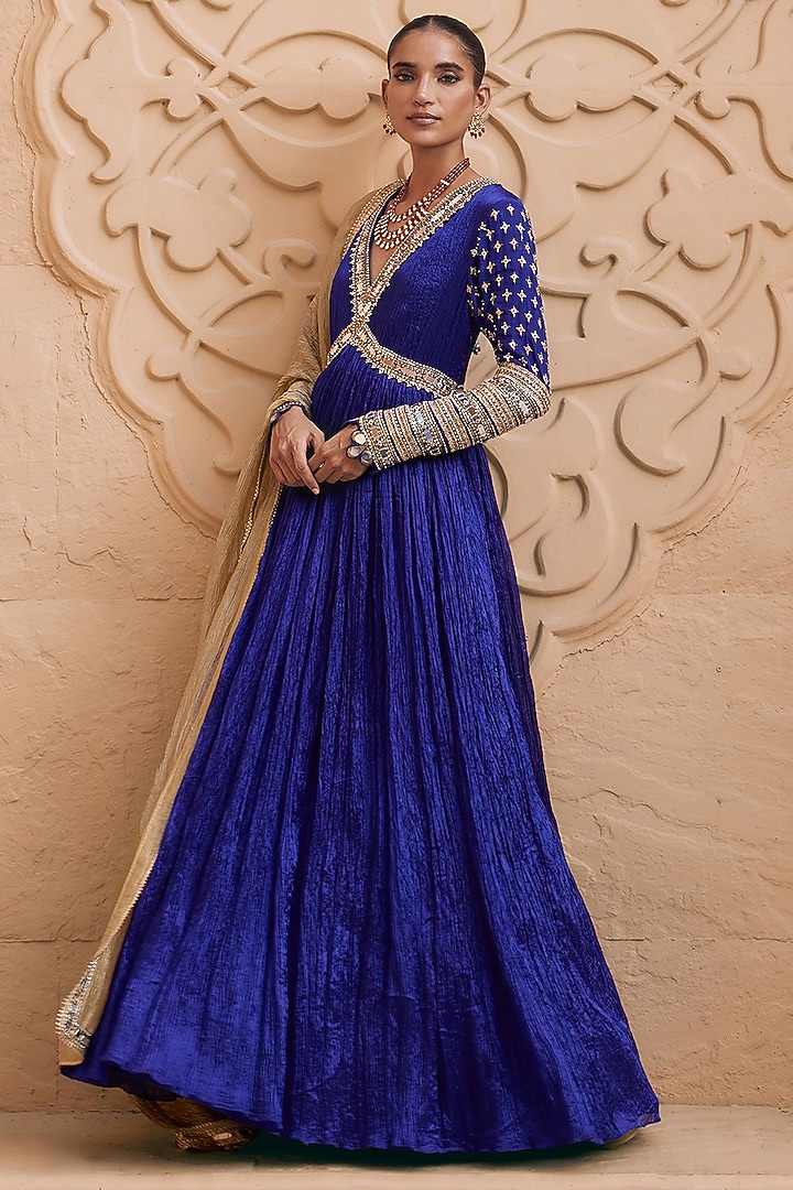 Royal Purple Wrinkle & Tissue Mirror Work Wedding Anarkali Set by Nidhika Shekhar at Pernia's Pop Up Shop