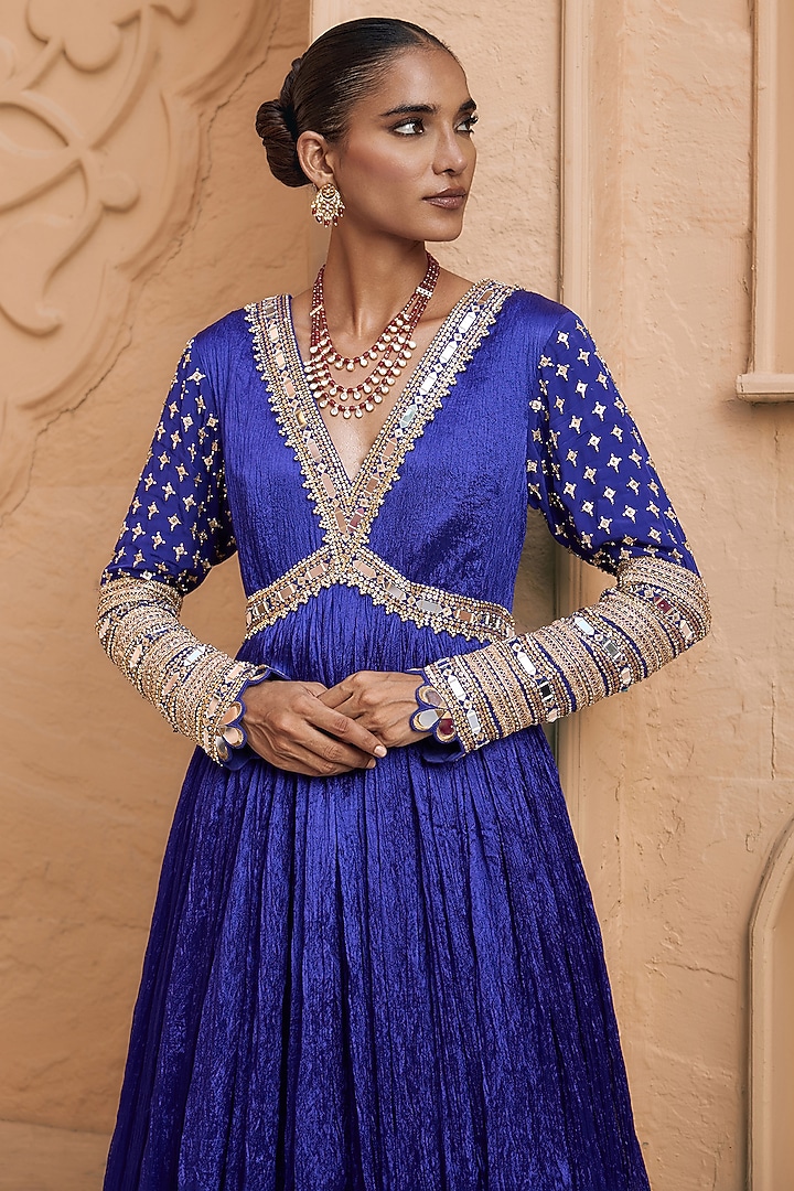 Royal Purple Wrinkle & Tissue Mirror Work Wedding Anarkali Set by Nidhika Shekhar at Pernia's Pop Up Shop