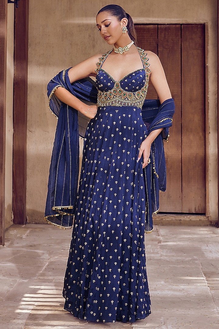Navy Blue Chiffon Mirror Work Wedding Anarkali Set by Nidhika Shekhar at Pernia's Pop Up Shop
