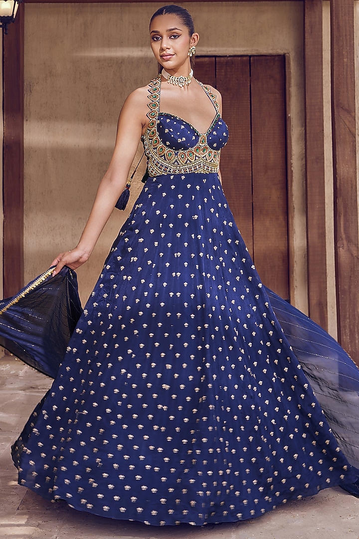 Navy Blue Chiffon Mirror Work Wedding Anarkali Set by Nidhika Shekhar at Pernia's Pop Up Shop