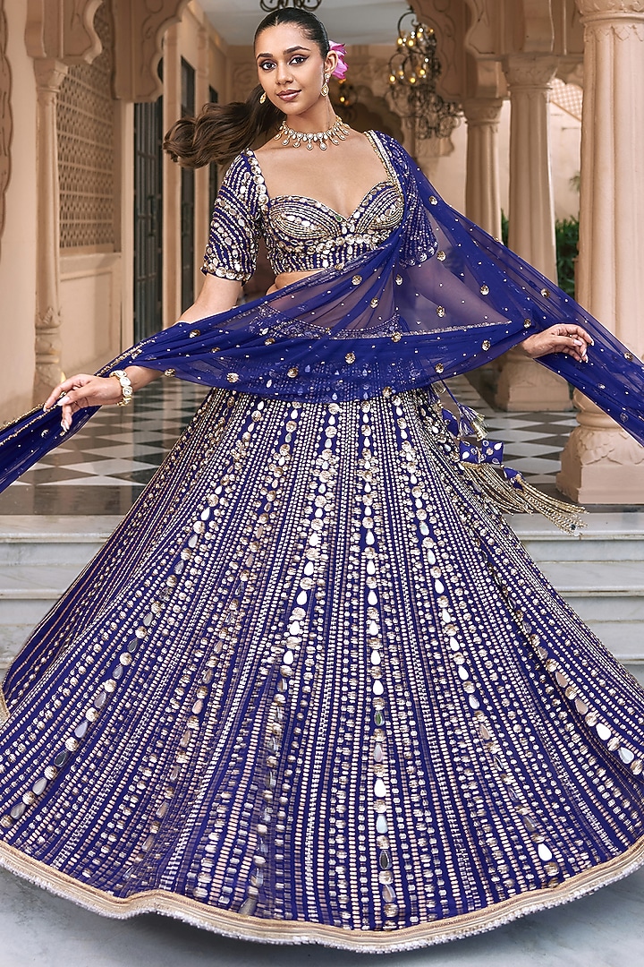 Purple Crepe Mirror Work Couture Bridal Lehenga Set by Nidhika Shekhar at Pernia's Pop Up Shop
