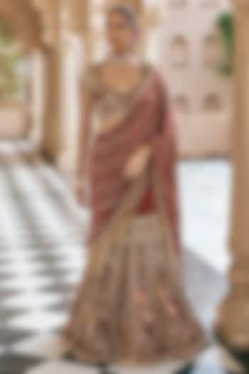 Coffee Crepe Bridal Lehenga Saree Set by Nidhika Shekhar at Pernia's Pop Up Shop
