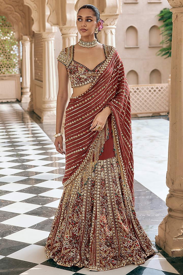Coffee Crepe Bridal Lehenga Saree Set by Nidhika Shekhar at Pernia's Pop Up Shop