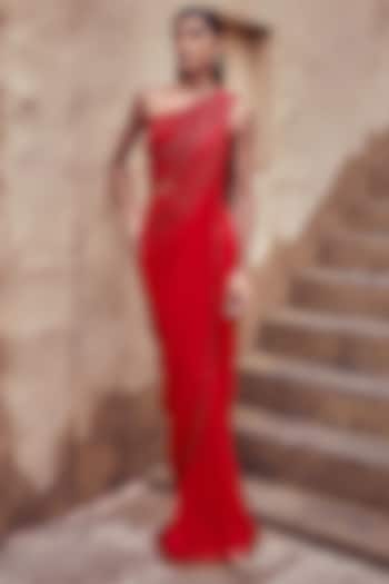 Red Georgette One-Shoulder Draped Wedding Saree Set by Nidhika Shekhar at Pernia's Pop Up Shop