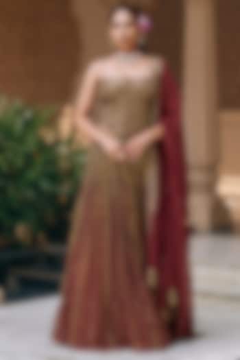 Rust Brown Organza Sequins Wedding Lehenga Set by Nidhika Shekhar at Pernia's Pop Up Shop