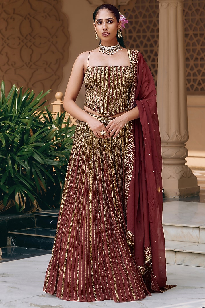 Rust Brown Organza Sequins Wedding Lehenga Set by Nidhika Shekhar at Pernia's Pop Up Shop