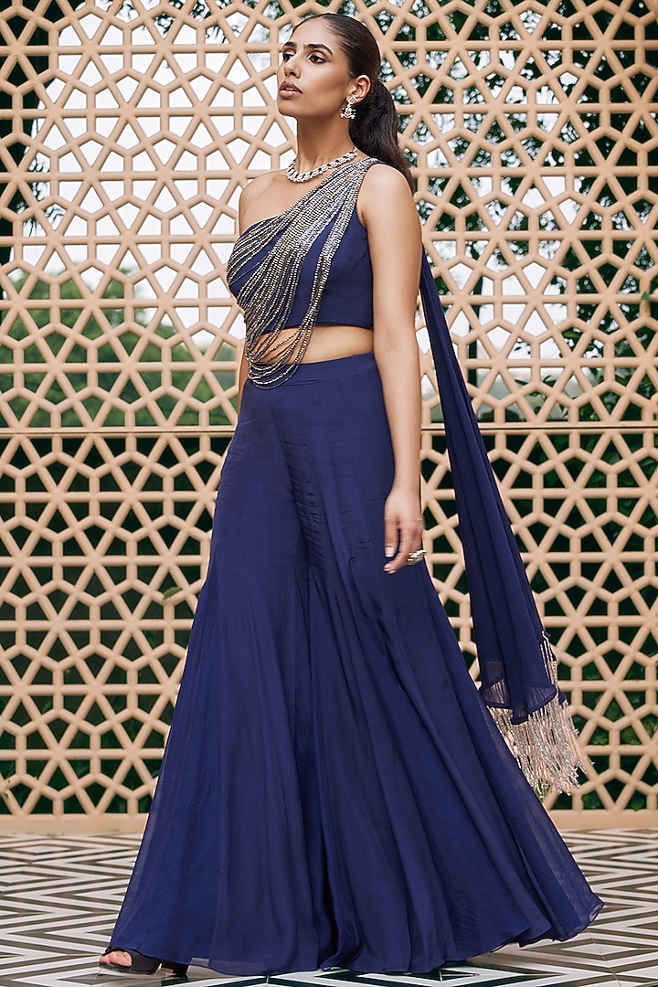 Blue Crepe One-Shoulder Pant Wedding Saree Set by Nidhika Shekhar at Pernia's Pop Up Shop