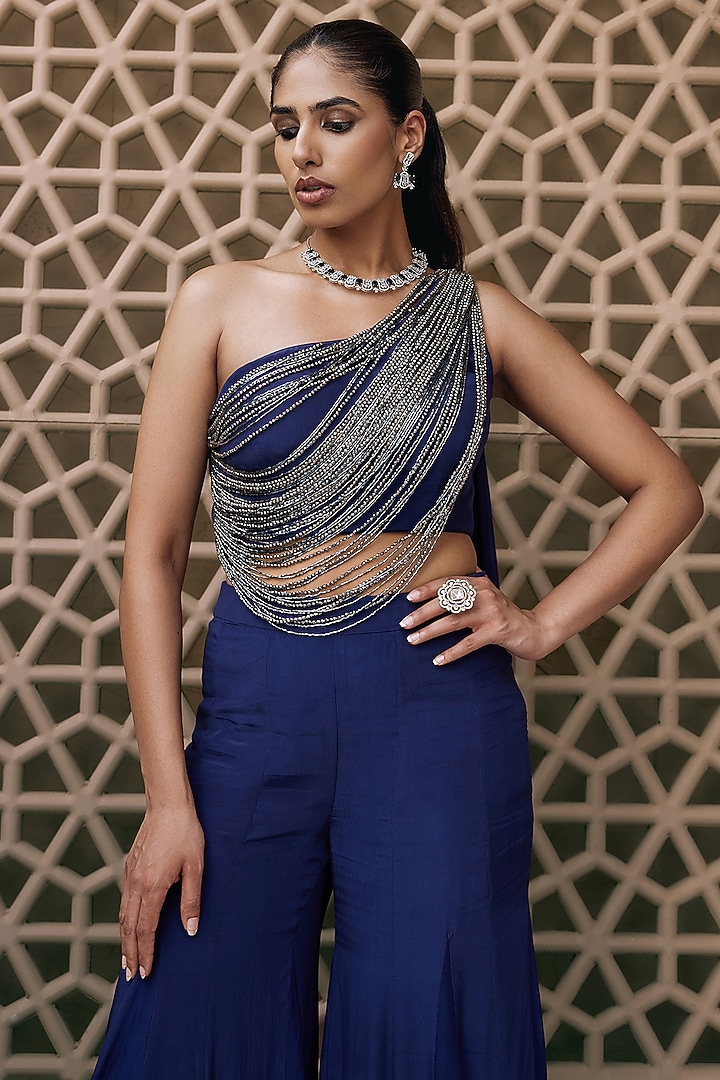 Blue Crepe One-Shoulder Pant Wedding Saree Set by Nidhika Shekhar at Pernia's Pop Up Shop