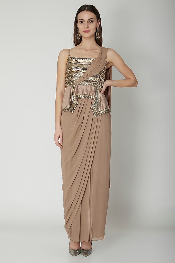 Nude Georgette & Silk Sequins Embroidered Gown Saree by Nidhika Shekhar