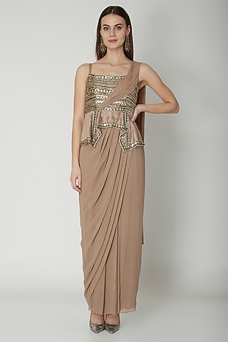 Nude Georgette & Silk Sequins Embroidered Gown Saree by Nidhika Shekhar