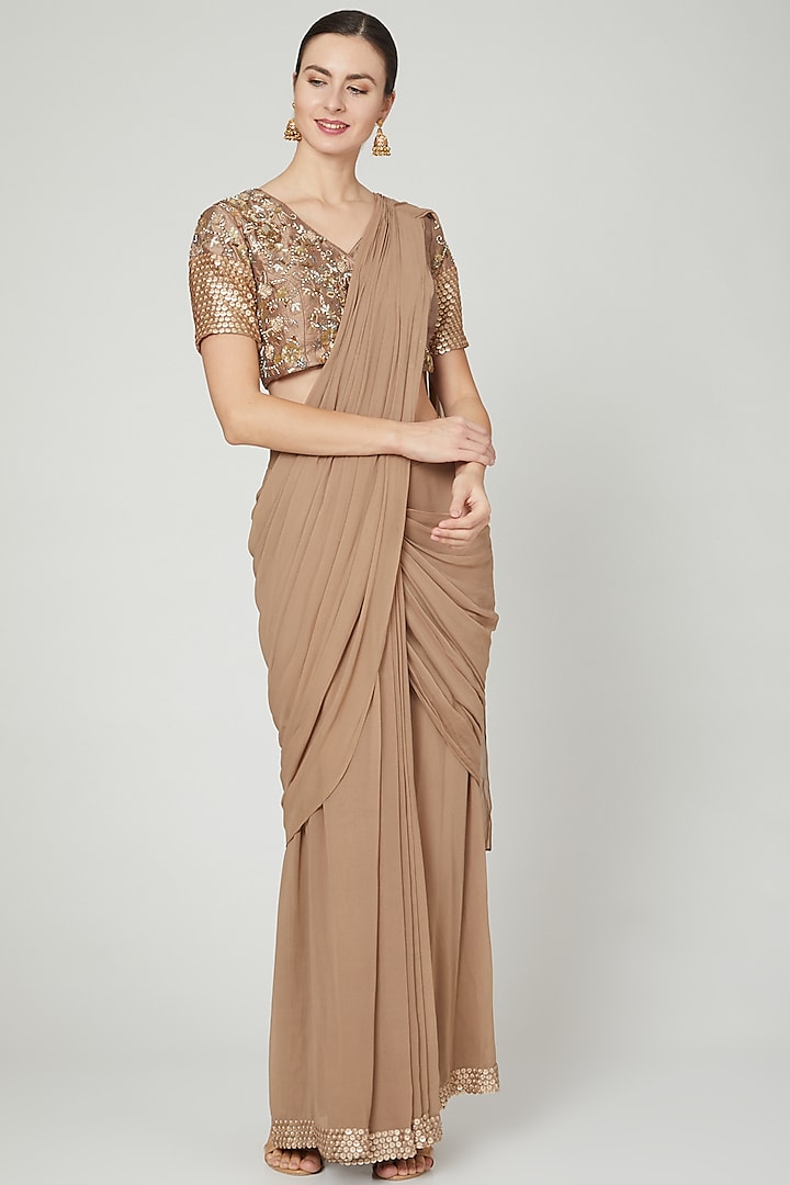 Nude Georgette Pre-Draped Wedding Saree Set by Nidhika Shekhar at Pernia's Pop Up Shop