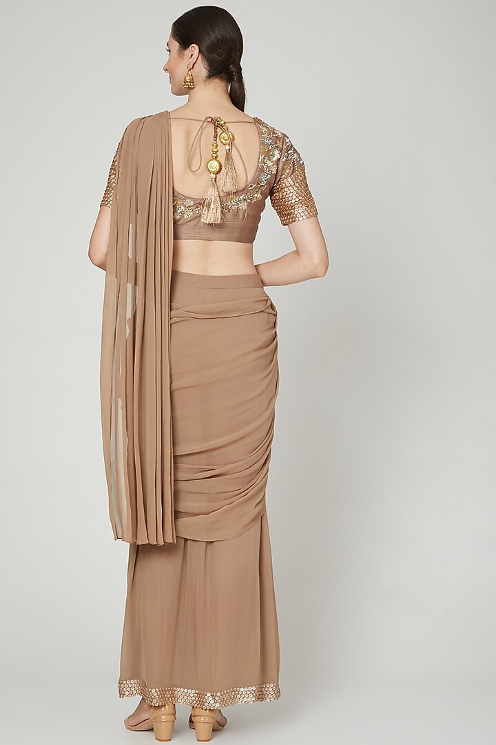 Nude Georgette Pre-Draped Wedding Saree Set by Nidhika Shekhar at Pernia's Pop Up Shop