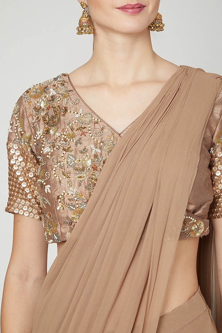 Nude Georgette Pre-Draped Wedding Saree Set by Nidhika Shekhar at Pernia's Pop Up Shop