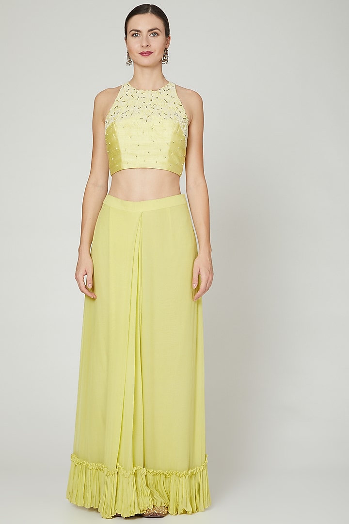 Lime Yellow Embroidered Draped Party Wear Saree Set by Nidhika Shekhar at Pernia's Pop Up Shop