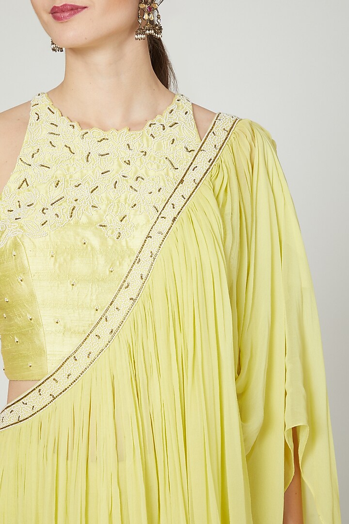 Lime Yellow Embroidered Draped Party Wear Saree Set by Nidhika Shekhar at Pernia's Pop Up Shop