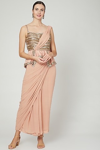 Salmon Pink Embellished Saree Gown by Nidhika Shekhar