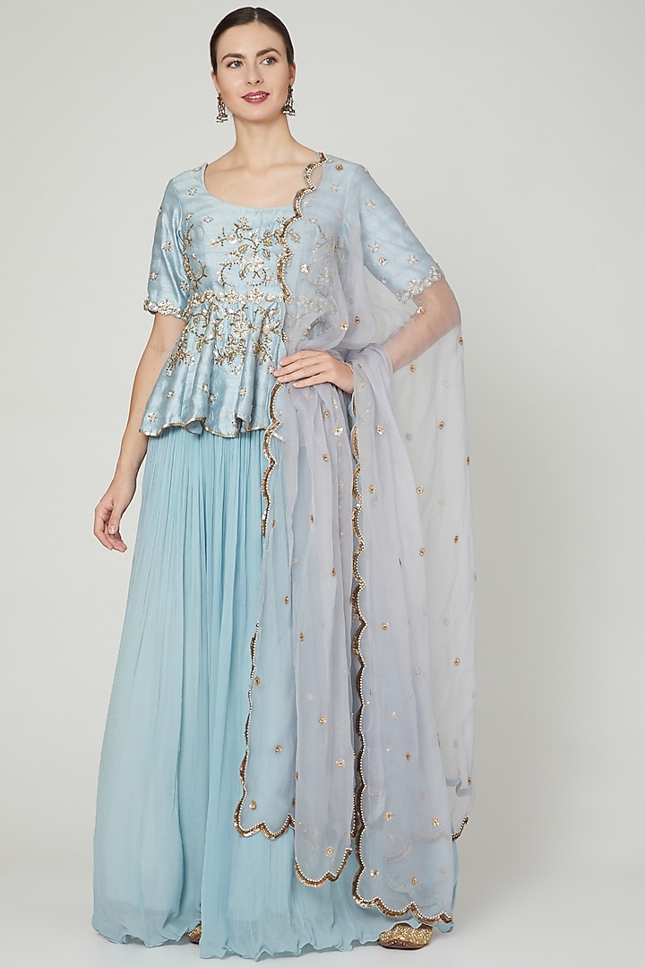 Sky Blue Crinkled Georgette Wedding Lehenga Set by Nidhika Shekhar at Pernia's Pop Up Shop