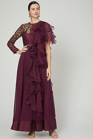 Wine Embellished Ruffled Gown by Nidhika Shekhar
