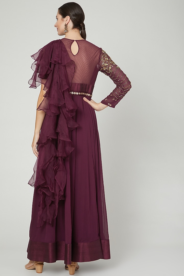 Wine Embellished Ruffled Engagement Gown by Nidhika Shekhar at Pernia's Pop Up Shop