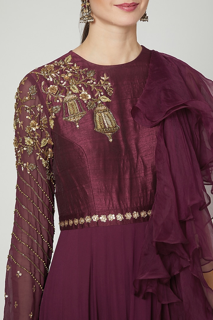Wine Embellished Ruffled Engagement Gown by Nidhika Shekhar at Pernia's Pop Up Shop