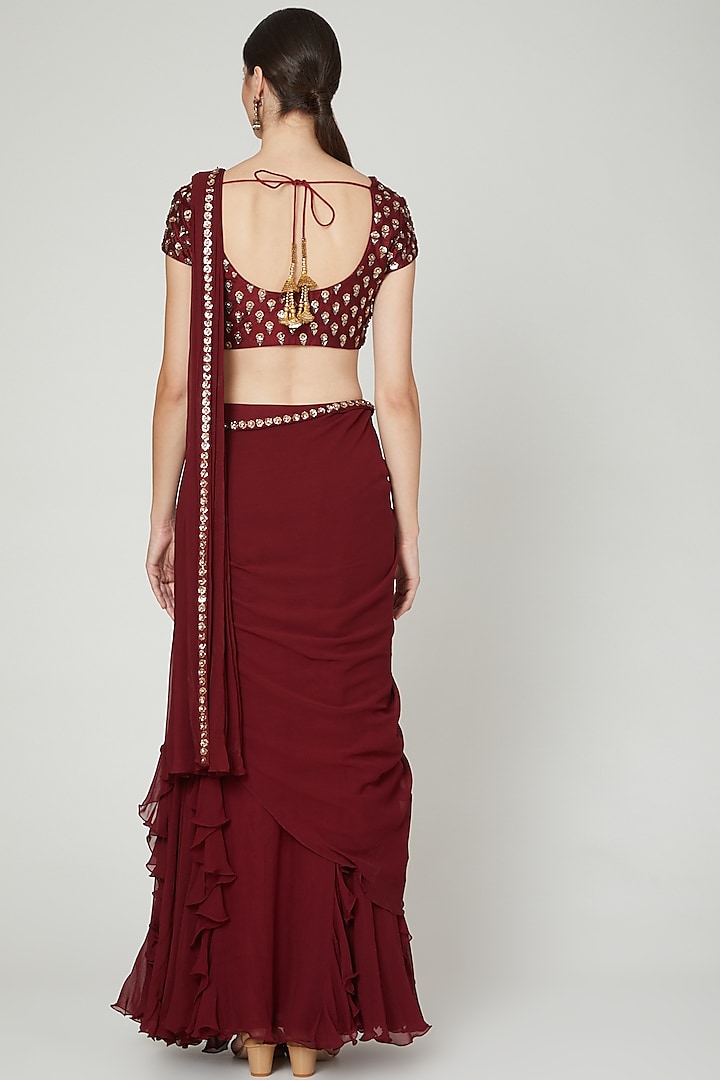 Maroon Ruffled & Draped Wedding Saree Set by Nidhika Shekhar at Pernia's Pop Up Shop
