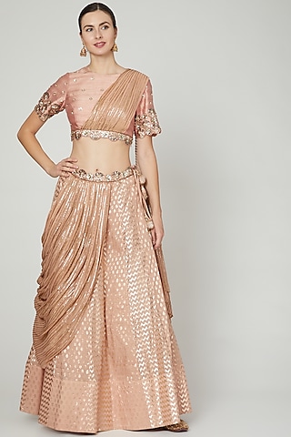 Salmon Pink Embroidered Draped Lehenga Set by Nidhika Shekhar
