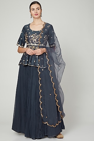 Grey Crinkled Georgette Lehenga Set by Nidhika Shekhar