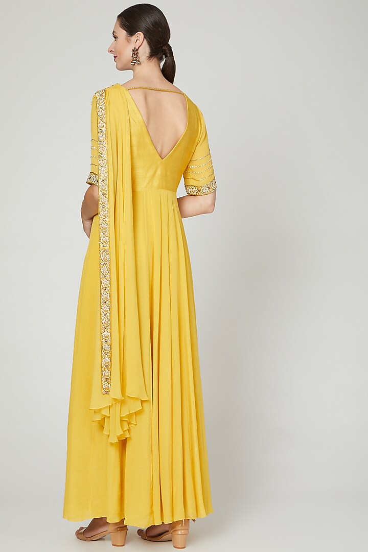 Yellow Embroidered Wedding Anarkali With Draped Dupatta by Nidhika Shekhar at Pernia's Pop Up Shop