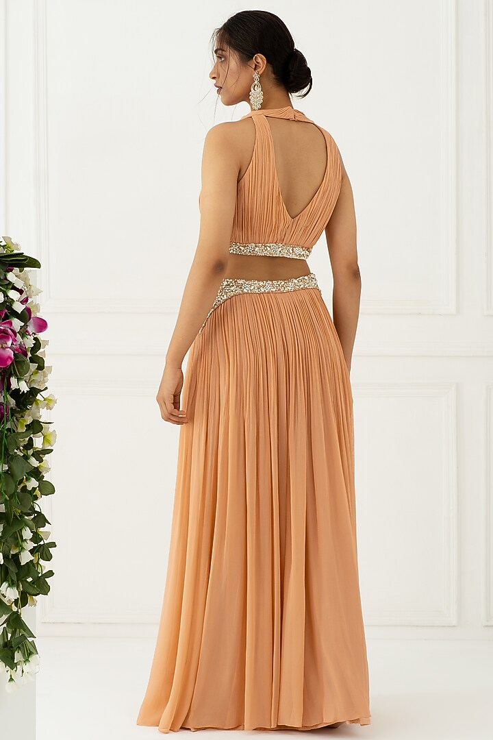 Blush Pink Hand Embroidered Pleated Party Wear Gown by Nidhika Shekhar at Pernia's Pop Up Shop
