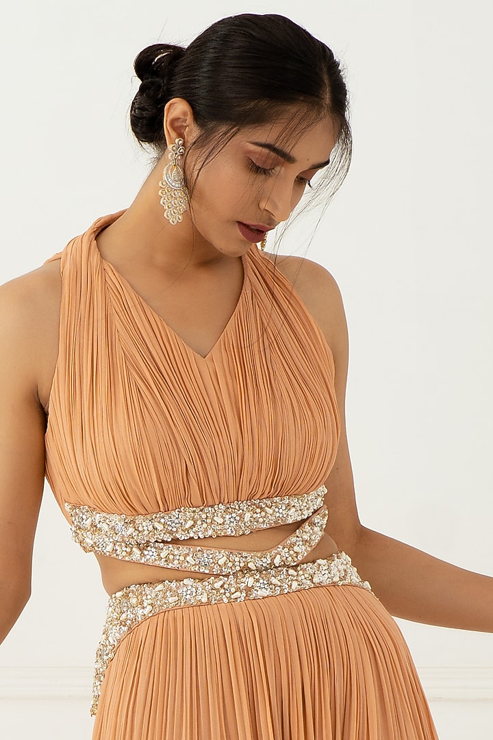 Blush Pink Hand Embroidered Pleated Party Wear Gown by Nidhika Shekhar at Pernia's Pop Up Shop