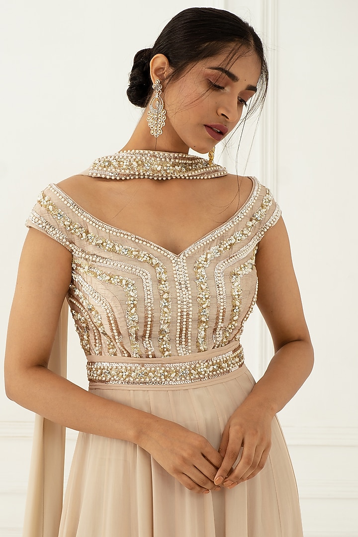 Champagne Hand Embroidered Wedding Anarkali Set by Nidhika Shekhar at Pernia's Pop Up Shop