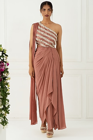 Cedar Hand Embroidered One Shoulder Gown by Nidhika Shekhar