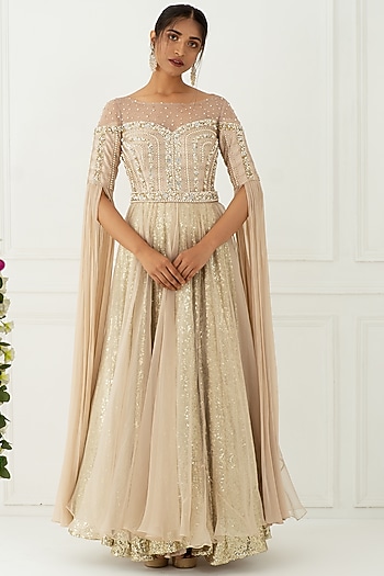 Beige Hand Embroidered Handcrafted Engagement Gown by Nidhika Shekhar at Pernia's Pop Up Shop