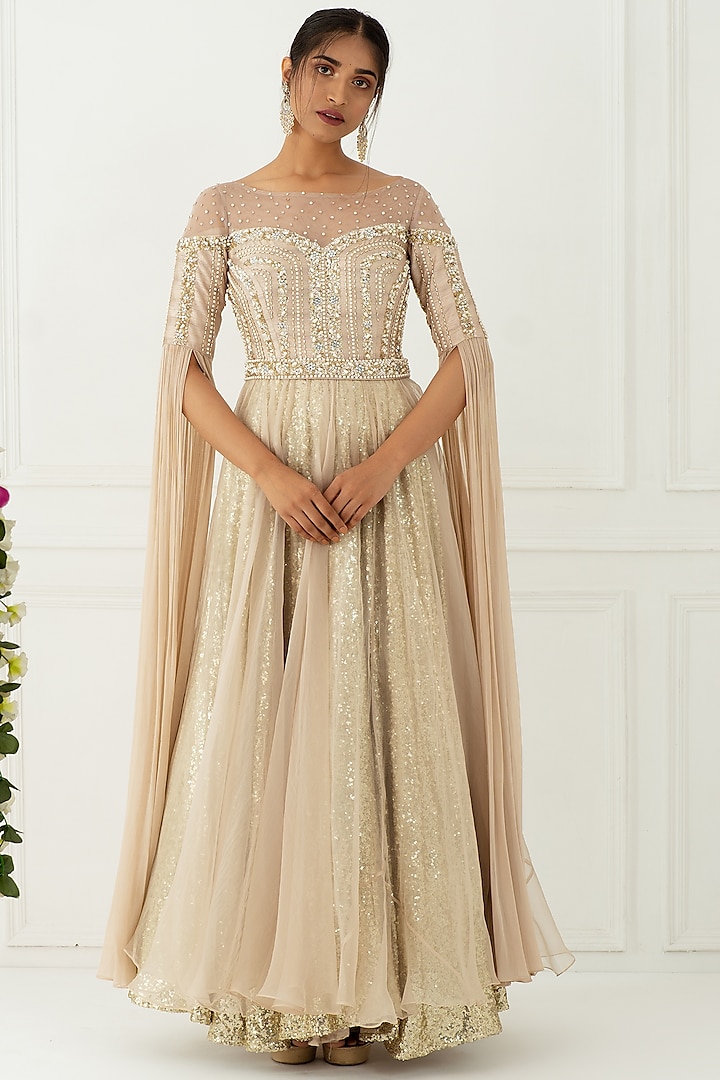 Beige Hand Embroidered Handcrafted Gown by Nidhika Shekhar