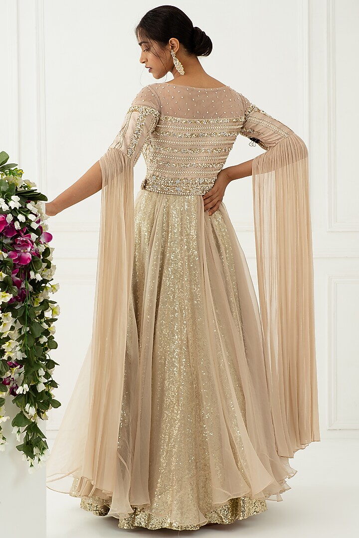 Beige Hand Embroidered Handcrafted Engagement Gown by Nidhika Shekhar at Pernia's Pop Up Shop