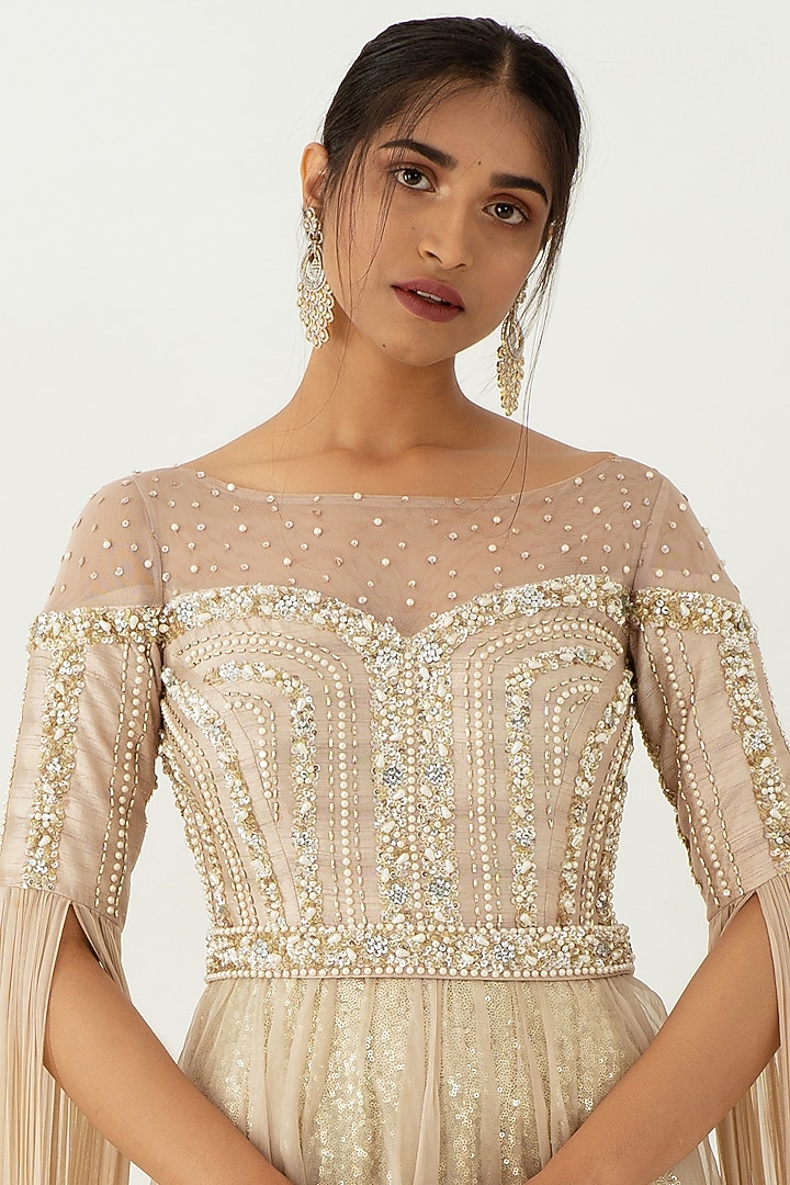 Beige Hand Embroidered Handcrafted Engagement Gown by Nidhika Shekhar at Pernia's Pop Up Shop