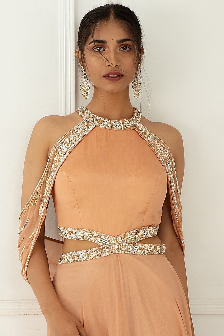 Blush Pink Hand Embroidered Cold Shoulder Gown by Nidhika Shekhar
