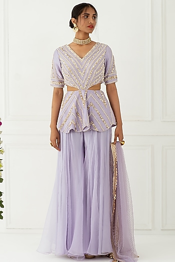 Lilac Hand Embroidered Wedding Sharara Set by Nidhika Shekhar at Pernia's Pop Up Shop
