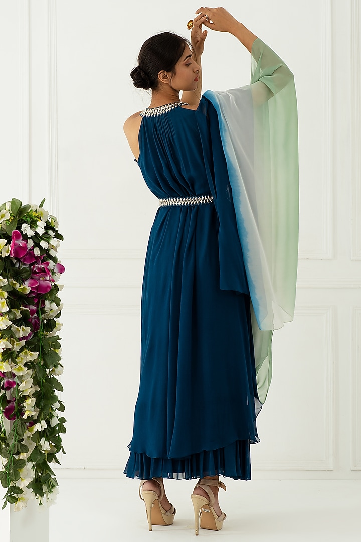 Cobalt Blue Georgette Stone Hand Embroidered Draped Kurta Vacation Dress by Nidhika Shekhar at Pernia's Pop Up Shop