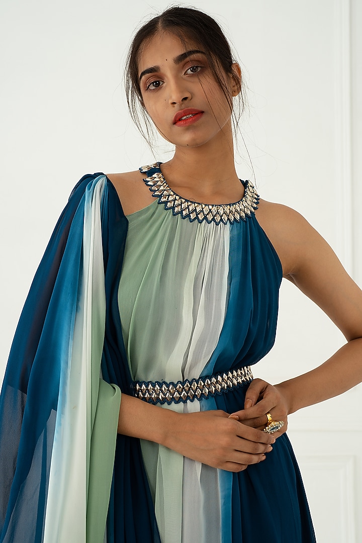 Cobalt Blue Georgette Stone Hand Embroidered Draped Kurta Vacation Dress by Nidhika Shekhar at Pernia's Pop Up Shop