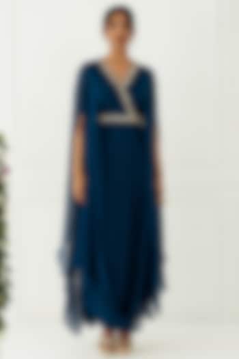 Teal Blue Hand Embroidered Draped Gown by Nidhika Shekhar